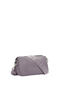 Light purple crossbody bag made of smooth leather, featuring a branded strap, zip closure, and silver-tone hardware accents.