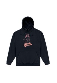 Felpa nera con cappuccio, decorata con una grafica rosa che rappresenta Wonder Woman in piedi con le mani sui fianchi e il testo "Wonder Woman" sotto la figura.