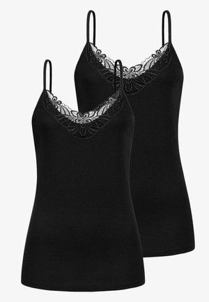 Black camisoles with adjustable spaghetti straps, featuring a floral lace trim around the neckline. Smooth fabric, fitted design. Two pieces included.