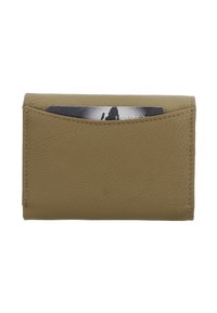 Green leather cardholder with a textured finish, featuring a slim design and a front pocket displaying a card partially visible.