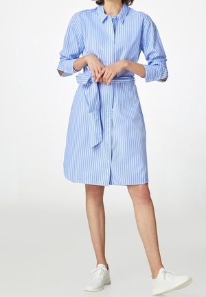 Sinivalkoraidallinen paitamekko, jossa kaulus, pitkät hihat ja vyötärönauha. Valmistettu sileästä kankaasta; edessä napitettava kiinnitys.