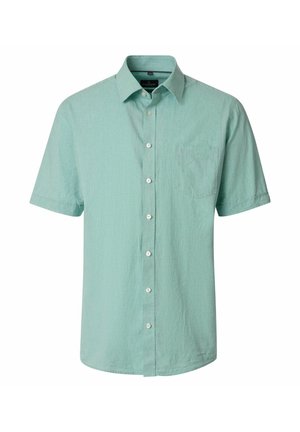 Hellgrünes Herrenhemd mit kurzen Ärmeln, Vorderseite mit Tasche und Kragen, auf weißem Hintergrund dargestellt.