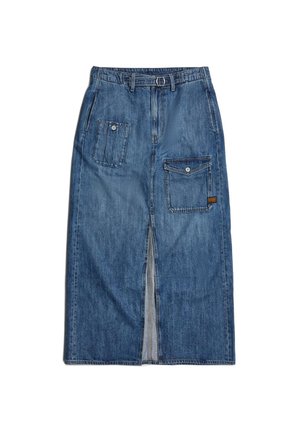 Középkék farmer maxi szoknya. Elöl hasíték, két oldalsó zseb, és övhurkokkal ellátott derékrész jellemzi. Simaság és tartósság jellemzi.