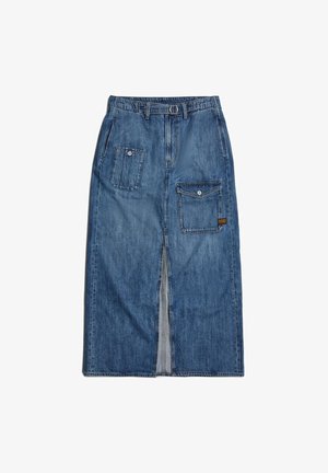 Denim maxi skjørt i middels blå. Har en frontsplit, to sidelommer og et liv med beltehemper. Glatt, holdbar tekstur.