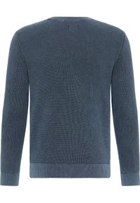 Sweter dzianinowy w ciemnoniebieskim kolorze z teksturowanym wzorem, okrągłym dekoltem oraz prążkowanymi mankietami i dolnym obszyciem. Posiada długie rękawy i luźny krój.