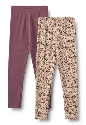 Due paia di leggings per bambini, uno tinta unita malva e uno crema con motivo floreale rosa e marrone, stesi su uno sfondo bianco.