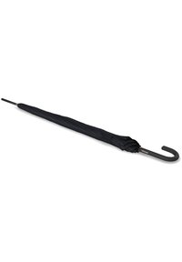 Zwarte paraplu met een gebogen handvat, voorzien van een getextureerde, gestroomlijnde canopy met subtiele verticale lijnen en een metalen, puntige tip.