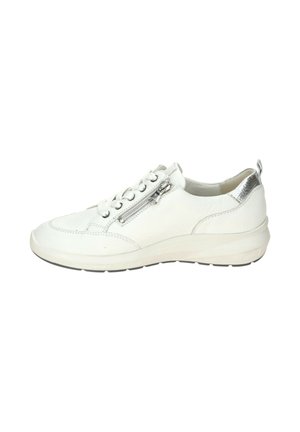 White leather sneaker with white laces, side zipper, and metallic silver detail on heel, shown from the outer side.