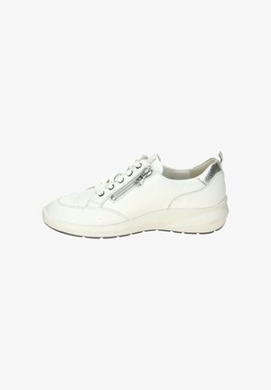 White leather sneaker with white laces, side zipper, and metallic silver detail on heel, shown from the outer side.