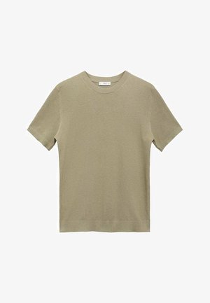 T-maica kratkih rukava, okruglog izreza u maslinastoj zelenoj boji, izrađena od teksturiranog materijala s glatkom završnom obradom. Ima ravni kroj i minimalistički dizajn.