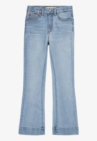 Ljusblå utsvängda jeans i denim. Har fem fickor, koppardetaljer och en blekt finish med en fållad kant längst ner.