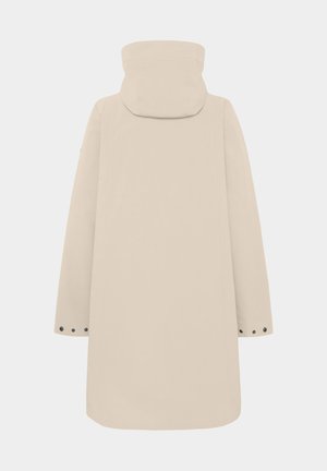 Beiger kniehoher Regenmantel mit langen Ärmeln, Kapuze und Druckknöpfen an den Manschetten, von hinten gezeigt.