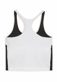 Sutien sportiv cu un față albă și panouri din plasă neagră pe laterale și spate, având un design racerback și o textură netedă.