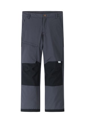 Pantaloni da lavoro grigio scuro con rinforzi neri sulle ginocchia, tasche frontali, passanti per cintura e chiusura con bottone.