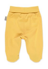 Geel katoen babybroekje met een zachte tailleband, voorzien van een rechte snit en afgeronde zoompjes, ontworpen voor comfort en beweeglijkheid.