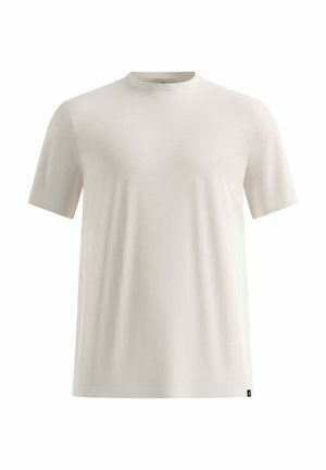 T-shirt blanc uni à manches courtes et col rond, présenté de face sur un fond blanc, sans logo visible à l'exception d'une petite étiquette près de l'ourlet.