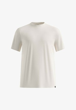 T-shirt blanc uni à manches courtes et col rond, présenté de face sur un fond blanc, sans logo visible à l'exception d'une petite étiquette près de l'ourlet.
