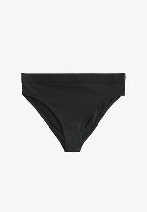 Parte inferior de bikini negra hecha de tela suave. Presenta una cobertura moderada, una cinturilla simple y sin costuras, y un corte clásico tipo braguita.