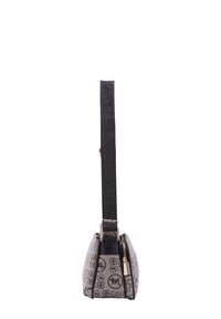 Borsa a mano in tessuto grigio con motivo a logo, forma strutturata, singolo manico nero con testo impresso, hardware color oro e chiusura con zip.