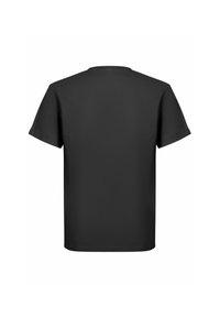 Camiseta negra de manga corta mostrada desde la parte de atrás, con un cuello redondo y dobladillo recto.