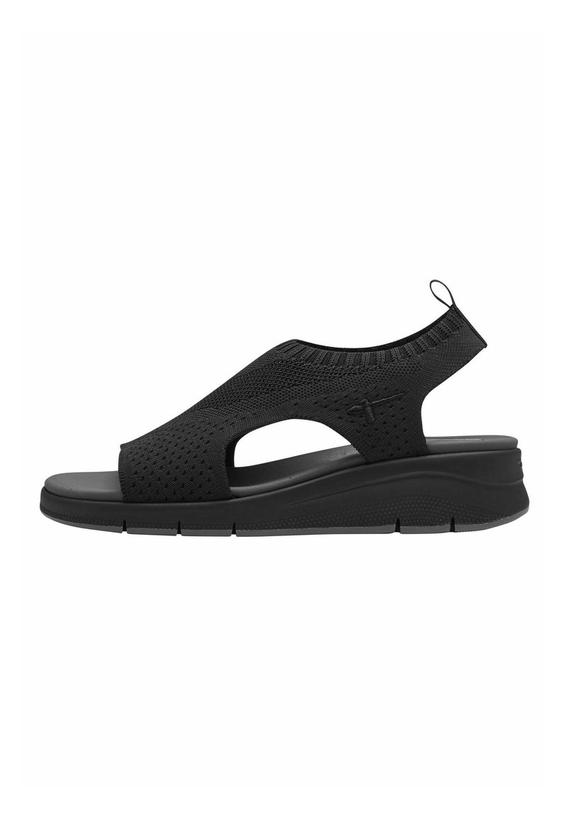 Sandalie negre cu un material superior texturat, vârful deschis și o talpă de tip wedge. Prezintă decupaje și o curea la spate pentru susținere.