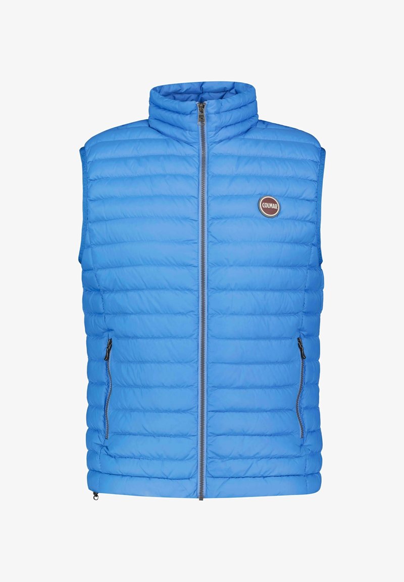 Light blue insulated vest with a high collar, featuring zippered pockets and horizontal quilted sections. Logo detail on chest.