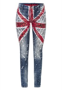 Jeans aus Denim mit einem Union Jack-Design in roten und weißen Farbklecksen, im engen Schnitt und mit einem mittelhohen Bund.