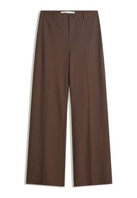 Brown wide-leg trousers with a smooth texture, front pleats, a button closure, and two side pockets. Designed for comfort and versatility.