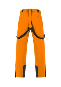 Oranje buitenbroek met zwarte accenten, voorzien van verstelbare banden en ritsen op de enkels voor ventilatie en bewegingsgemak.
