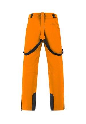 Orangefarbene Outdoor-Hosen mit schwarzen Akzenten, ausgestattet mit verstellbaren Riemen und Reißverschlüssen an den Knöcheln für Belüftung und Bewegungsfreiheit.