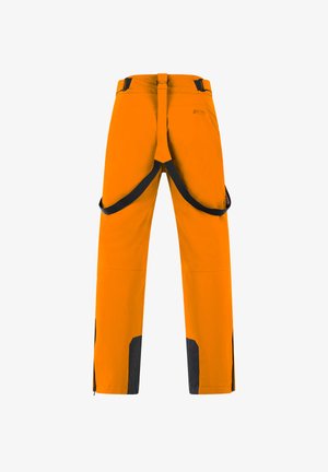 Pantalones de exterior naranja con acentos negros, que cuentan con correas ajustables y cremalleras en los tobillos para ventilación y facilidad de movimiento.