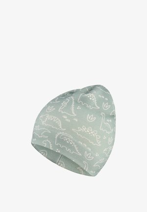 Light green beanie featuring white dinosaur patterns, smooth texture, tapered shape, and a simple stitched design along the base.