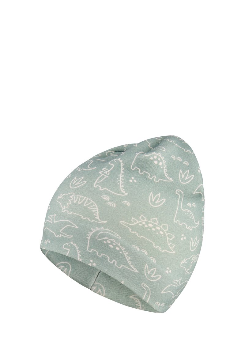 Light green beanie featuring white dinosaur patterns, smooth texture, tapered shape, and a simple stitched design along the base.