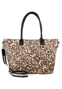 Sac fourre-tout imprimé léopard avec des poignées en simili cuir noir et une bandoulière rayée amovible. Présente une forme rectangulaire et une surface texturée.