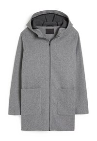 Manteau à capuche en laine grise avec fermeture éclair complète à l'avant et deux grandes poches plaquées à l'avant, présenté à plat sur un fond blanc.