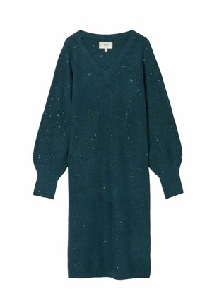 Türkis gestricktes Kleid mit V-Ausschnitt, langen Puffärmeln und subtilen Glitzerakzenten. Glatte Textur mit gerader Silhouette.