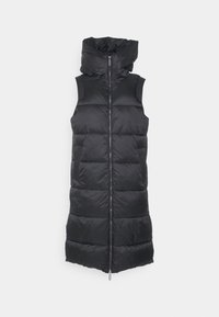 Czarna kamizelka puchowa z wysokim kołnierzem i zamkiem błyskawicznym. Posiada pikowane sekcje, gładką tkaninę oraz bezrękawnik.