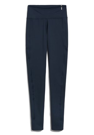 Donkerblauwe leggings van rekbaar materiaal met een hoge tailleband, voorzien van zijzakken en platte naden voor comfort.