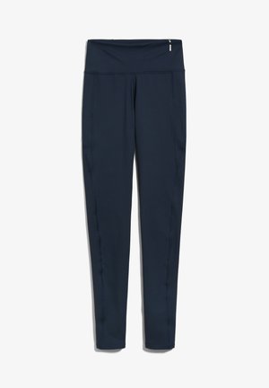 Donkerblauwe leggings van rekbaar materiaal met een hoge tailleband, voorzien van zijzakken en platte naden voor comfort.