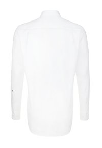 Chemise blanche à manches longues en tissu lisse avec col classique, poignets à bouton et coupe ajustée ; vue arrière sans motifs.