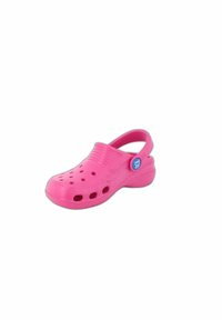 Pink plastic clogs feature ventilation holes, a back strap, and a textured sole for grip. The design is lightweight and easy to clean.
