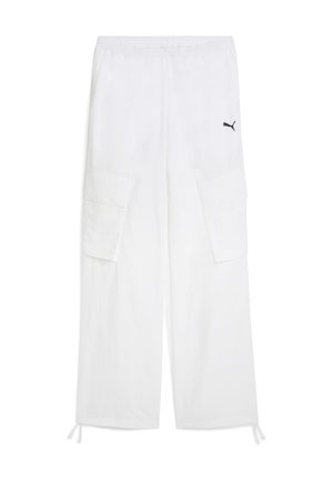 Baltos krovinių kelnės, pagamintos iš lengvos medžiagos, su elastingu liemeniu, dviem didelėmis šoninėmis kišenėmis ir mažuoju juodu logotipu priekyje.