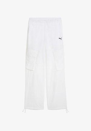 Baltos krovinių kelnės, pagamintos iš lengvos medžiagos, su elastingu liemeniu, dviem didelėmis šoninėmis kišenėmis ir mažuoju juodu logotipu priekyje.