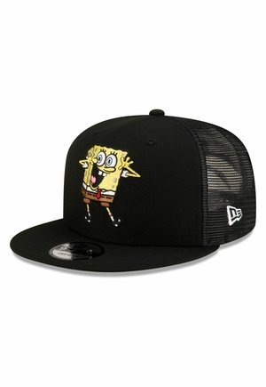 Black mesh snapback cap featuring an embroidered cheerful cartoon character with big eyes and outstretched arms on the front panel.