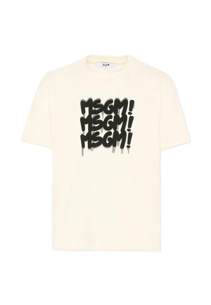 Witte T-shirt met korte mouwen met zwarte graffiti-stijl tekst "MSGM!" driemaal herhaald aan de voorkant.