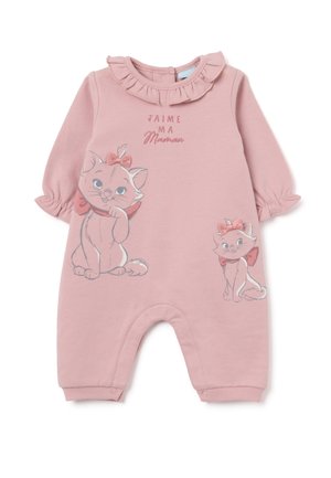 Tutina in cotone rosa con colletto arricciato, maniche a sbuffo corte e stampe di gatti. Include chiusure a scatto sul fondo per una facile vestibilità.