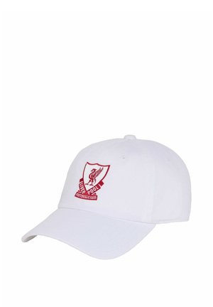 Cappellino da baseball bianco con stemma ricamato rosso del Liverpool Football Club sul pannello frontale.