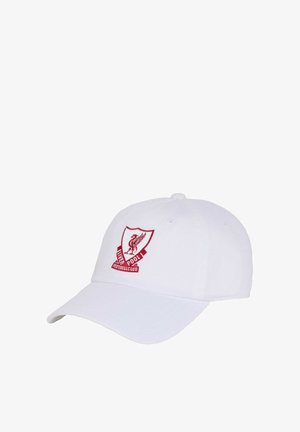 Casquette de baseball blanche avec écusson brodé en rouge du Liverpool Football Club sur le panneau avant.