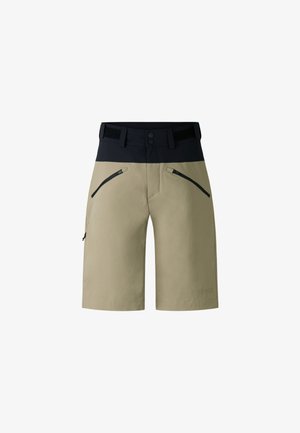 Khaki shorts med en marineblå talje, der har to lynlåslommer foran og en sidelomme, lavet af letvægts, holdbart stof.
