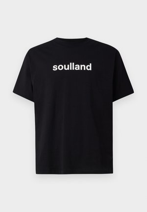Black cotton t-shirt with short sleeves and round neckline, featuring the word "soulland" printed in white across the chest.